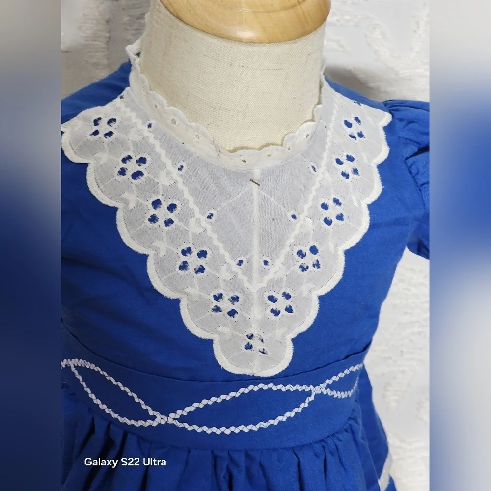 Vintaje Blue Dress with White Lace Trim